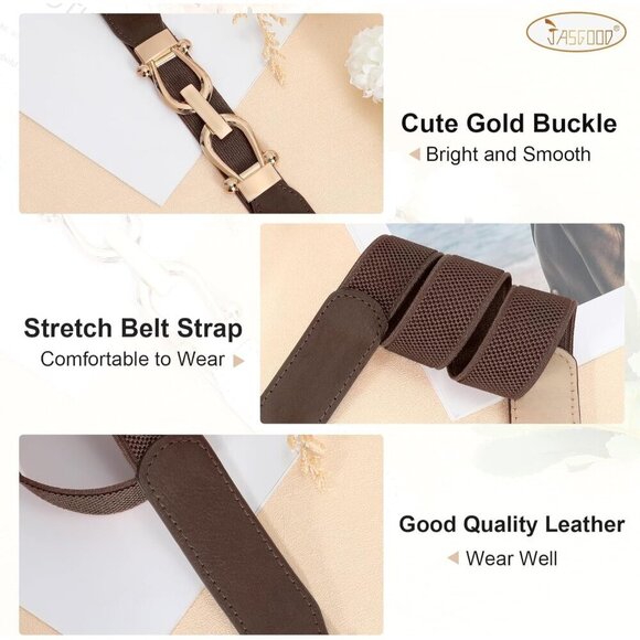 Women Stretchy Waist Belt Elastic Gold Buckle for Dresses Casual Elegant